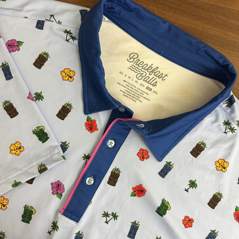 RSVLTS Breakfast Balls Polo Shirt Blue Tiki Hawaiian Floral Print Golf Mens 3XL